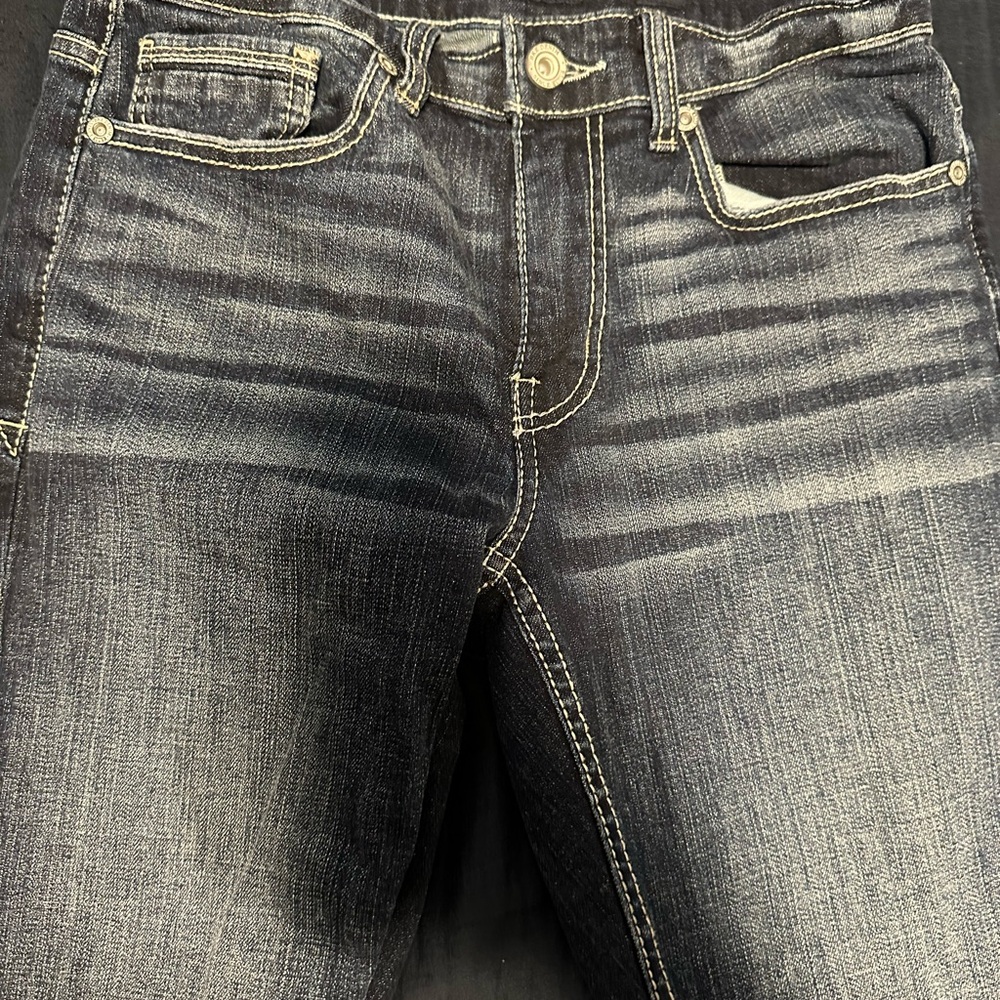 BKE Slim Jeans in Blue Gray with Distressed Details and Classic Denim Style